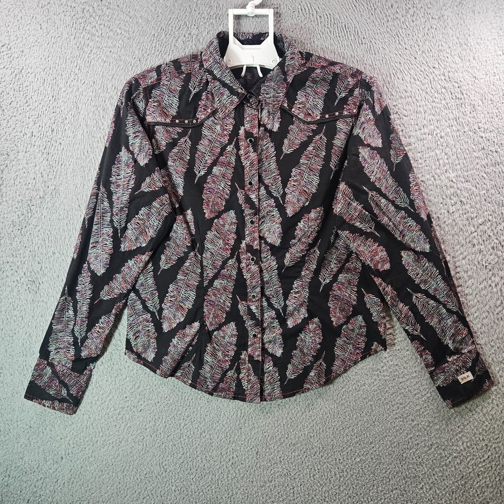 Wrangler‎ Twenty X Cowgirl Shirt Women Medium Pearl Snap Long Sleeve Leaf Black